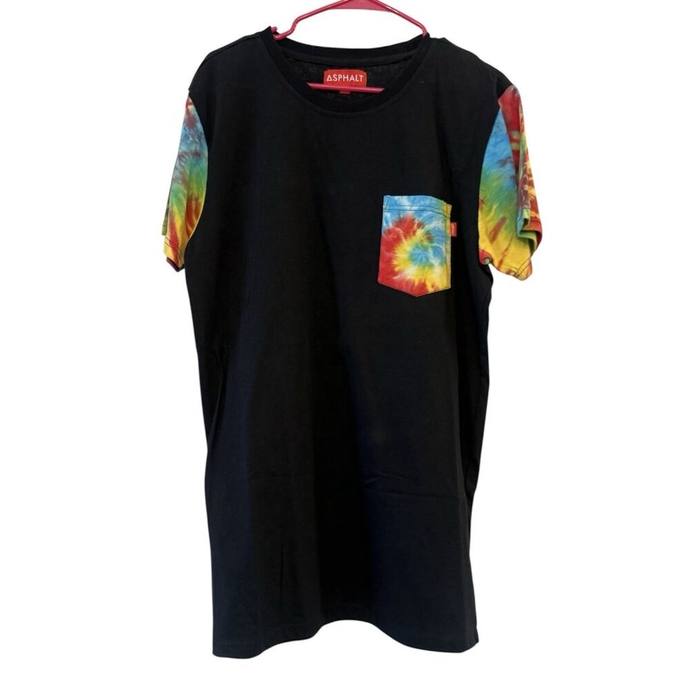 Men's Black Asphalt T-Shirt with Tie-Dye Accents, Large